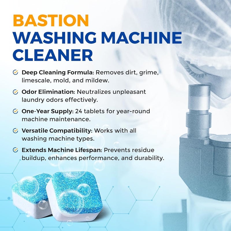 Bastion أقراص تنظيف غسالة الملابس 24 حبة مزيل قوي للترسبات - تنظيف عميق لغسالات التحميل الأمامي والعلوي آمن للصرف الصحي صديق للبيئة مزيل للروائح ينظف الأسطوانة وحوض الغسيل - إمداد لمدة عام - Image 5